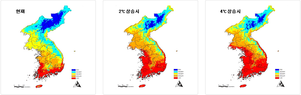 현재와 2도씨 상승시, 4도씨 상승시 우리나라 온도변화를 보여주는 이미지