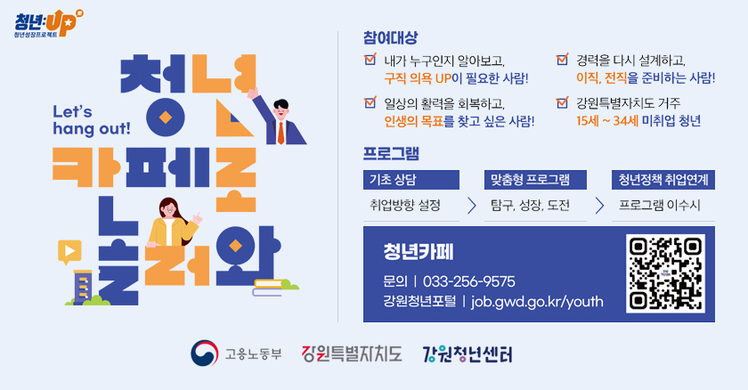 청년 카페로 놀러와 참여대상  내가 누구인지 알아보고, 구직의욕UP이 필요한 사람! 경력을 다시 설계하고, 이직,전직을 준비하는 사람! 일상의 활력을 회복하고,인생의 목표를 찾고 싶은 사람! 강원특별자치도 거주 15세~34세 미취업 청년  프로그램 기초상담(취업방향 설정) > 맞춤형 프로그램(탐구,성장,도전) > 청년정책 취업연계(프로그램 이수시  청년카페 문의 033-256-9575 강원청년포털 job.gwd.go.kr/youth